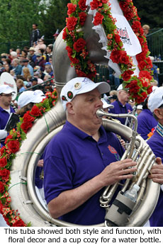 This tuba showed both style and function, with floral decor and a cup cozy for a water bottle.