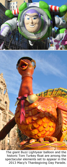 The giant Buzz Lightyear balloon and the historic Tom Turkey float are among the spectacular elements set to appear in the 2013 Macy's Thanksgiving Day Parade.