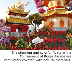 The stunning and colorful floats in the Tournament of Roses Parade are completely covered with natural materials.