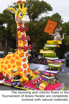 The stunning and colorful floats in the Tournament of Roses Parade are completely covered with natural materials.