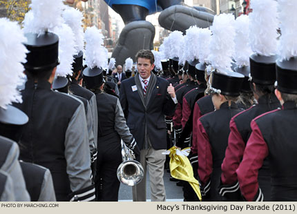 With the band minutes away from performing on television for 50 million people, director Lafe Cook reminds students to enjoy this once-in-a-lifetime moment. 2011 Macy's Thanksgiving Day Parade Photo by Marching.com