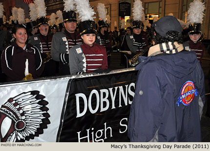 Dobyns-Bennett band members are on deck and ready to do a run-through of their show for the NBC telecast crew. 2011 Macy's Thanksgiving Day Parade Photo by Marching.com