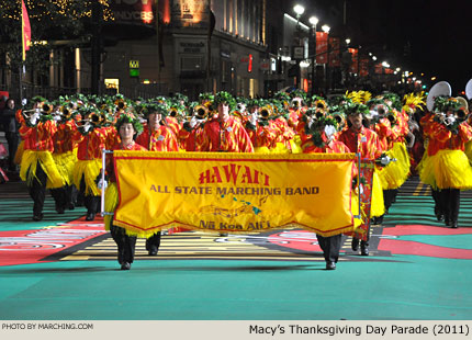 As an all-state band representing 40 high schools and four Hawaiian islands, the Hawaii All-State Marching Band did not rehearse together as a full group until arriving on the mainland four days before the parade. 2011 Macy's Thanksgiving Day Parade Photo by Marching.com