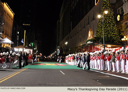 As this year's Santa Band, Miami University (Ohio) ends in a formation that will allow the float carrying Santa to pass through. 2011 Macy's Thanksgiving Day Parade Photo by Marching.com