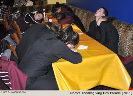 Dobyns-Bennett students took advantage of the time to catch up on sleep. 2011 Macy's Thanksgiving Day Parade Photo by Marching.com