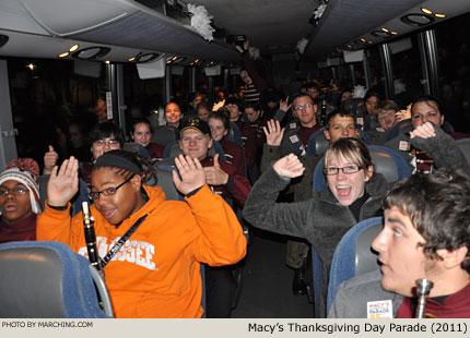 Dobyns-Bennett has reloaded the buses for the drive to the lineup area. 2011 Macy's Thanksgiving Day Parade Photo by Marching.com