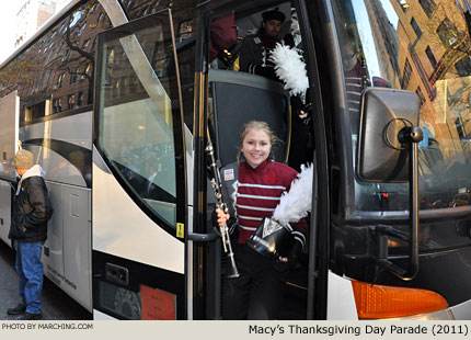 Now daylight and with the temperature rising, Dobyns-Bennett unloads near Central Park West. 2011 Macy's Thanksgiving Day Parade Photo by Marching.com