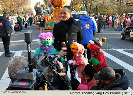 Sesame Street Muppets prepare for a live interview on CNN. 2011 Macy's Thanksgiving Day Parade Photo by Marching.com