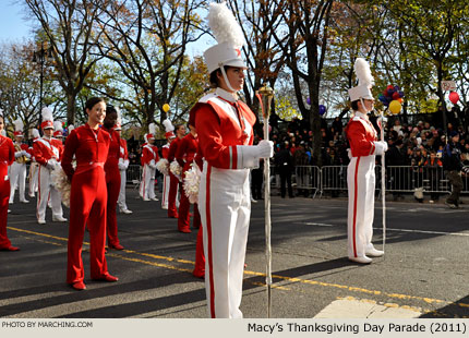 As the first band in this year's parade, Macy's Great American Marching Band is at attention and ready to step off. 2011 Macy's Thanksgiving Day Parade Photo by Marching.com