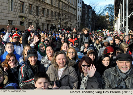 Good weather helped draw an ENORMOUS crowd. Intersections are filled nearly half-way down the block ... probably 50 people deep! 2011 Macy's Thanksgiving Day Parade Photo by Marching.com