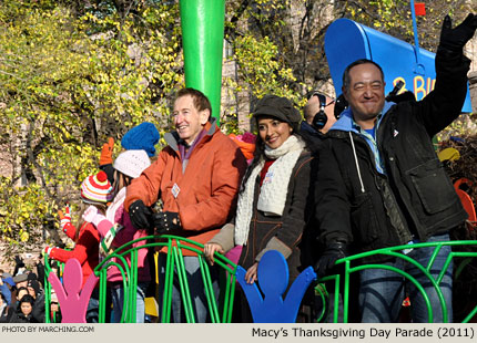 Music education advocate Bob McGrath enters the parade riding on the Sesame Street float. 2011 Macy's Thanksgiving Day Parade Photo by Marching.com