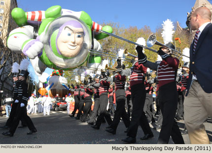 Dobyns-Bennett has entered the parade performance and the Buzz Lightyear balloon is ready to follow. 2011 Macy's Thanksgiving Day Parade Photo by Marching.com