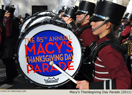 Remo provides custom drum heads with the Macy's theme logo to each marching band. 2011 Macy's Thanksgiving Day Parade Photo by Marching.com