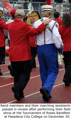 Band members and their marching assistants passed in review after performing their field show at the Tournament of Roses Bandfest at Pasadena City College on December 30.