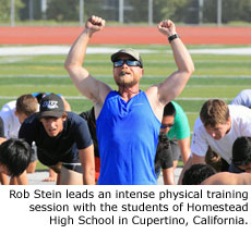 Rob Stein leads an intense physical training session with the students of Homestead H.S. in Cupertino, CA.