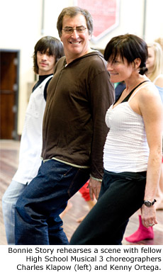 Bonnie Story rehearses a scene with fellow High School Musical 3 choreographers Charles Klapow (left) and Kenny Ortega.